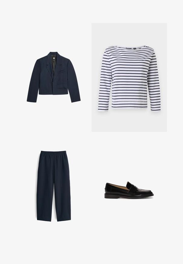 Marineblauwe cropped blazer met een gekartelde revers, een enkele borstzak en een klepzak, gemaakt van soepele stof en met een rechte silhouet.; Gestreepte lange mouwen top in wit en marineblauw, met een bootnek en een ontspannen pasvorm. Gemaakt van zacht katoen met gestikte zomen.; Navy blauwe broek van gladde stof, met een elastische tailleband, twee zijzakken en een relaxte pasvorm met rechte pijpen.; Zwarte leren instappers met een gladde afwerking, ronde neus en een decoratief bandje over de voorkant. Ontwerp met lage blokhak.