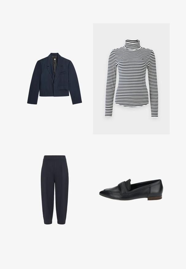 Marineblauwe cropped blazer met een gekartelde revers, een enkele borstzak en een klepzak, gemaakt van soepele stof en met een rechte silhouet.; Zwart-wit gestreepte lange mouwen coltrui met een geribde textuur en een getailleerd ontwerp. Klein logo op de borst.; Oceaanblauwe tapered broek met een elastische tailleband, voorzien van middelste plooien, een gladde textuur en een lengte tot de enkel.; Zwarte leren instappers met een spitse neus, voorzien van een gevouwen vampdetail en een lage houten hak. Sterke textuur met een klassiek ontwerp.