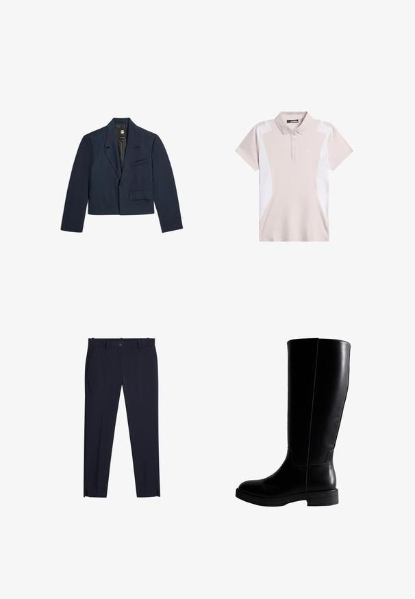 Marineblauwe cropped blazer met een gekartelde revers, een enkele borstzak en een klepzak, gemaakt van soepele stof en met een rechte silhouet.; Lichtbeige polo shirt met korte mouwen, voorzien van witte zijpanelen en een klein geborduurd logo op de linkerborst, met een knoopsluiting bij de kraag.; Heren slim-fit broek in donkerblauw met riemlussen, voorzakken, gulp en kleine splitjes aan de voorkant van de pijpen bij de zoom.; Knee-high zwarte leren laarzen met een gladde textuur, ronde neus, minimale stiksels en een platte rubberen zool. Eenvoudig, strak ontwerp.