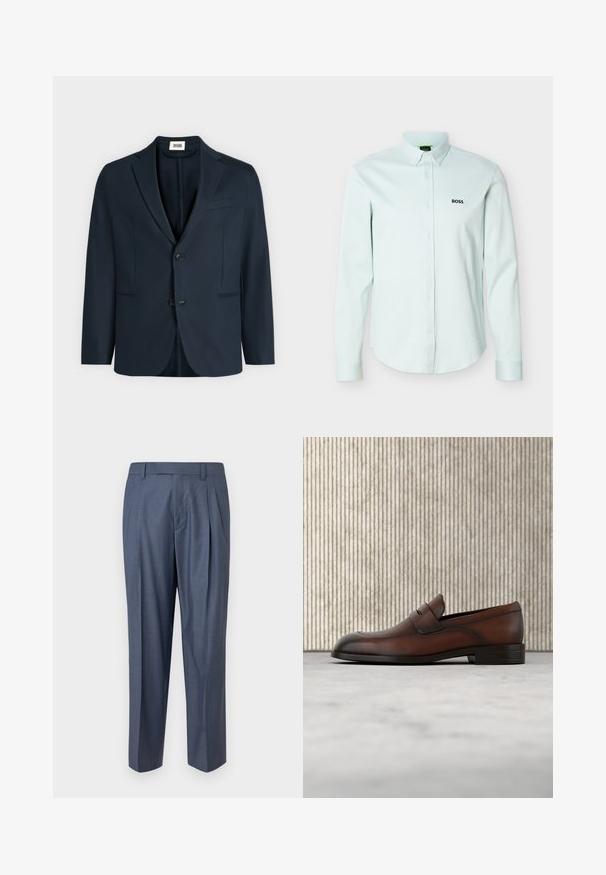 Blazer homme bleu marine foncé avec revers crantés, deux boutons et trois poches avant sur un fond clair uni.; Chemise bleu clair à manches longues avec col boutonné, ornée d'un logo noir "BOSS" sur la poitrine gauche.; Pantalon bleu plissé en tissu lisse et léger. Caractérisé par une coupe ajustée, des passants pour ceinture, et un design épuré et minimaliste.; Mocassin pour homme en cuir marron avec devant perforé et détail de bride, positionné sur un tapis beige, avec une table ronde brillante marron en arrière-plan.