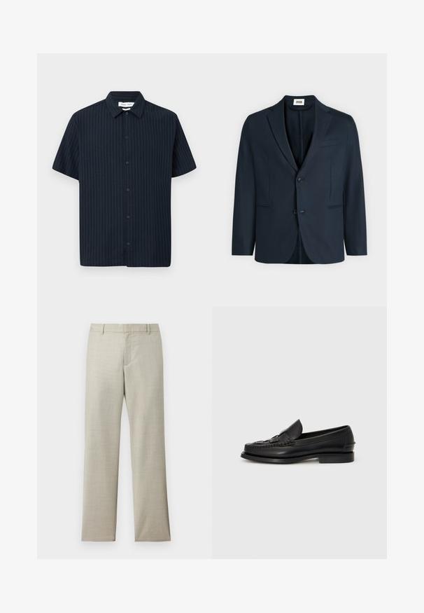 Blazer homme bleu marine foncé avec revers crantés, deux boutons et trois poches avant sur un fond clair uni.; Chemise noire à manches courtes avec boutons, rayures verticales texturées subtiles et col classique, présentée sur fond blanc uni.; Pantalon droit couleur beige clair avec passants pour ceinture, fermeture éclair frontale et texture subtile sur fond blanc.; Mocassin en cuir noir avec un détail tissé à l'avant, bout arrondi et petit talon. Texture lisse et design minimaliste.