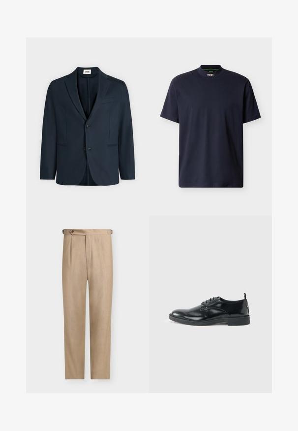 Blazer homme bleu marine foncé avec revers crantés, deux boutons et trois poches avant sur un fond clair uni.; T-shirt bleu marine en coton, avec un col montant et des manches courtes. Logo BOSS situé au niveau du cou. Texture lisse, design minimaliste.; Pantalon beige taille haute, ajusté, avec un pli côté gauche et des pattes de réglage boutonnées de chaque côté.; Chaussure habillée en cuir noir brillant avec un petit talon, fermeture à lacets et bout rond, vue de côté sur un fond uni et clair.