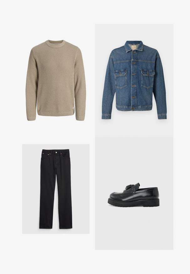 Blå denimjakke med knapfront, to knaplukningsbrystlommer og en klassisk krave på en ensfarvet baggrund.; Beige ribstrikket sweater med lange ærmer og rund halsudskæring, vist mod en lys baggrund.; GAP 90S LOOSE - Loose-jeans - black; Sort læderloafer med kvaster, tyk gummisål og lav hæl, vist i sideprofil på en ensfarvet baggrund.