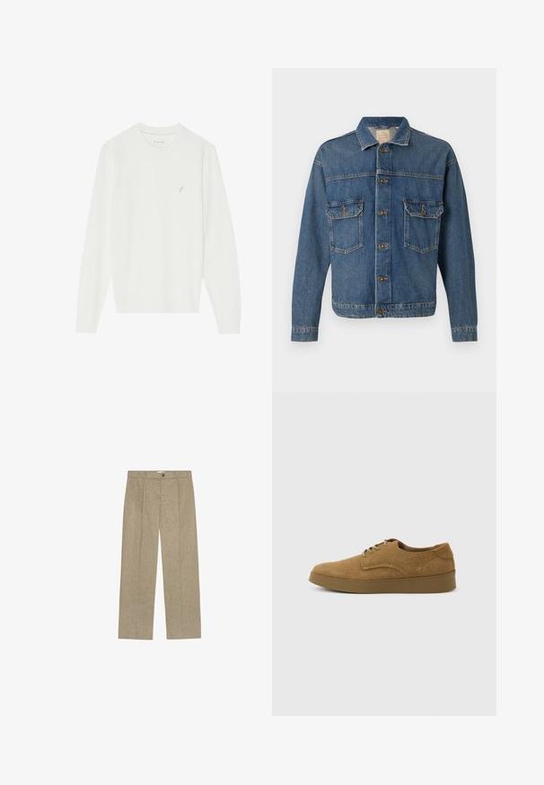 Veste en denim bleu avec fermeture à boutons, deux poches poitrine à bouton, et un col classique sur fond uni.; Pull blanc à manches longues en maille douce. Il présente un col rond et un petit motif d'oiseau brodé sur le côté gauche de la poitrine.; Pantalon beige à jambes larges en matière texturée. Doté d'une fermeture à boutons sur le devant et de deux plis verticaux sur le devant.; Chaussure décontractée à lacets en daim marron avec semelle en caoutchouc plate, vue de côté sur un fond clair uni.