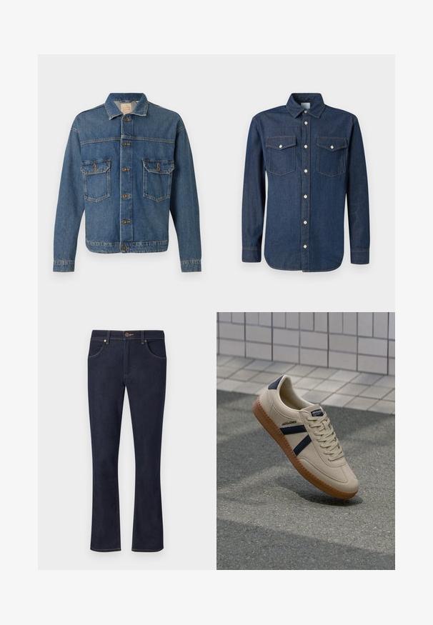 Veste en denim bleu avec fermeture à boutons, deux poches poitrine à bouton, et un col classique sur fond uni.; Chemise en denim bleu foncé avec un col classique, des manches longues et deux poches poitrine. Présente des boutons blancs et des coutures contrastées.; Jean en denim bleu foncé avec jambes droites, fermeture à boutons sur le devant, passants de ceinture et poches avant sur un fond clair uni.; Baskets beiges avec une finition texturée, bandes navy et semelle en caoutchouc. Équipées d'une languette rembourrée et d'un système de laçage traditionnel pour un maintien sécurisé.