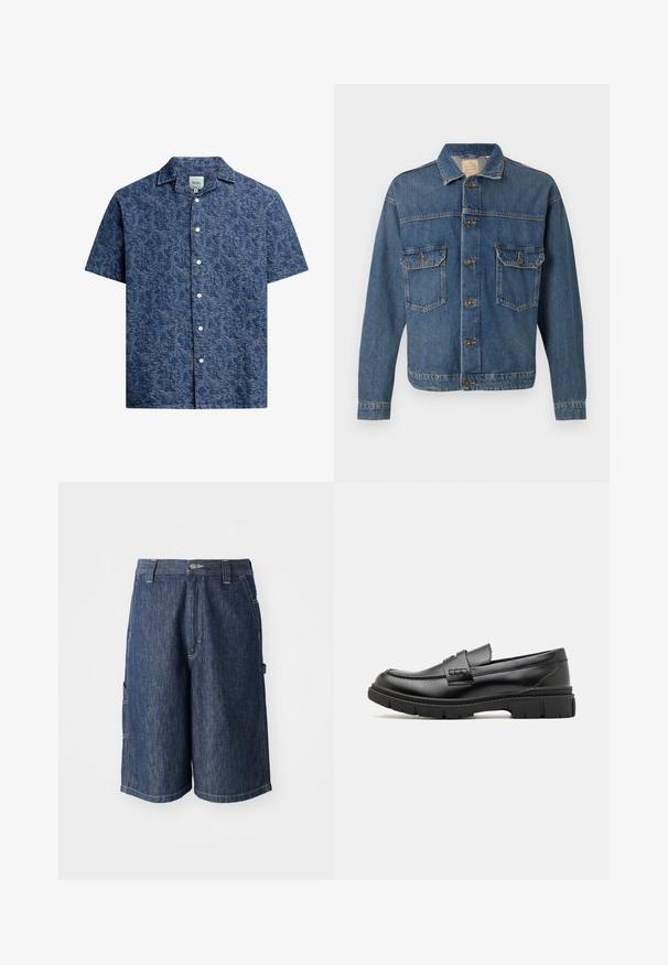 Blå denimjakke med knapfront, to knaplukningsbrystlommer og en klassisk krave på en ensfarvet baggrund.; Kortærmet skjorte med knaplukning i struktureret mørkeblå stof med et subtilt mønster og en klassisk krave. Har hvide knapper foran.; Mørkeblå denimshorts med lige skæring, fem lommer og synlige sømme. Har en knaplukning og bæltestropper.; Sort læder loafersko med en bred rem over forfoden, gummisål med tykke mønstre og glat overflade. Klassisk, slankt design.