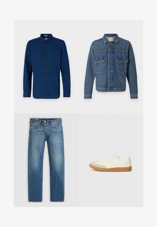 Veste en denim bleu avec fermeture à boutons, deux poches poitrine à bouton, et un col classique sur fond uni.; Chemise bleu foncé à manches longues avec boutons, col à boutonnière et logo brodé discret sur la poitrine gauche.; Jean en denim bleu clair à coupe droite, avec cinq poches, fermeture par bouton en métal et surpiqûres jaunes contrastantes.; Baskets en cuir blanc avec une coque beige et une semelle en caoutchouc marron clair. Dotées de lacets blancs plats et d'un logo embossé sur le côté.