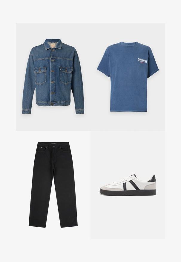 Blauwe denimjack met knopen aan de voorkant, twee met knopen afgewerkte borstzakken en een klassieke kraag op een effen achtergrond.; Blauwe casual t-shirt gemaakt van katoen, met korte mouwen en een ronde hals; heeft het "Paradiso Hotel"-logo op de linkerborst gedrukt.; Zwarte rechtbenige spijkerbroek met vijf zakken, knoopsluiting en riemlussen, maat 32.; Witte sneaker met zwarte en grijze accenten, voorzien van een grijze neus met textuur, zwarte rubberen zool en platte witte veters. Schoon ontwerp, minimalistische stijl.