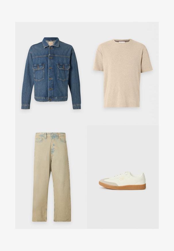 Blaue Jeansjacke mit Knopföffnung, zwei knopfverzierten Brusttaschen und klassischem Kragen auf einem einfarbigen Hintergrund.; Beiges kurzärmeliges Baumwoll-T-Shirt mit Rundhalsausschnitt und subtiler horizontaler Textur, auf weißem Hintergrund dargestellt.; Beige Denim-Hosen mit lockerer Passform, die ein verwaschenes Finish und subtile hellblaue Akzente am Bund und an den Kanten aufweisen.; Sneaker aus weißem Leder mit einer beigen Zehenkappe und leichter brauner Gummisohle. Verfügt über flache weiße Schnürsenkel und geprägtes Branding an der Seite.