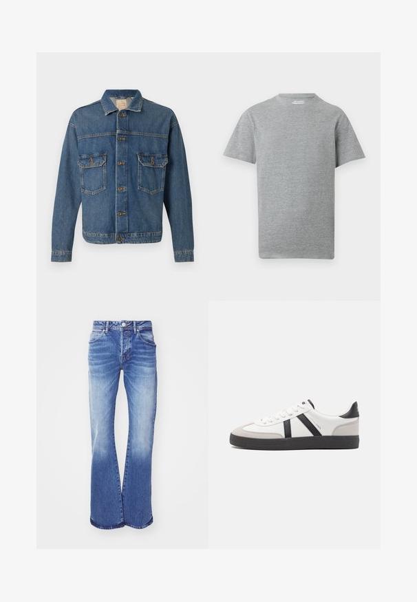 Blauwe denimjack met knopen aan de voorkant, twee met knopen afgewerkte borstzakken en een klassieke kraag op een effen achtergrond.; Effen grijs T-shirt met korte mouwen en een ronde hals, met een klein wit "ONLY & SONS" label aan de binnenkant van de kraag.; Lichtblauwe spijkerbroek met flared model en een vervaagde wassing, vijf zakken, knoopsluiting en gestikte details langs de naden. Brede pijpopening.; Witte sneaker met zwarte en grijze accenten, voorzien van een grijze neus met textuur, zwarte rubberen zool en platte witte veters. Schoon ontwerp, minimalistische stijl.
