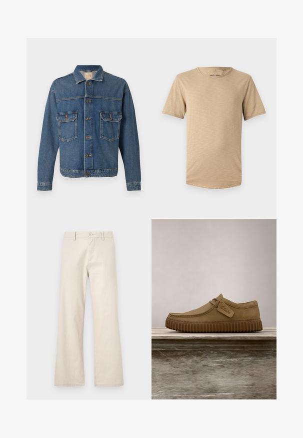 Blå denimjakke med knapfront, to knaplukningsbrystlommer og en klassisk krave på en ensfarvet baggrund.; Beige kortærmet t-shirt lavet af blødt stof. Har en rund halsudskæring og en let struktureret overflade med en buet kant.; Beige vide bukser lavet af letvægtsstof, med knaplukning og forlommer, med en glat, ubehandlet overflade.; Lysebrune ruskindsko med rund tå, syet detaljer og en ribbet brun gummisål. Har et sidemærke med "Clarks" logo.