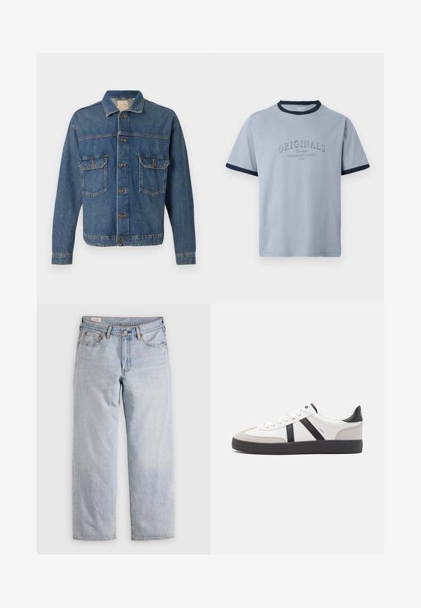 Blå denimjakke med knapfront, to knaplukningsbrystlommer og en klassisk krave på en ensfarvet baggrund.; Lyseblå bomulds-T-shirt med navyblå ribkant ved hals og ærmer. Har hævet tekst "ORIGINALS" og "CONTEMPORARY AESTHETICS" i et diskret design.; Lyseblå lige ben jeans med høj talje, knaplukning samt for- og baglommer, præsenteret på en flad overflade.; Hvide sneakers med sorte og grå detaljer, med en tekstureret grå tåhætte, sort gummisål og flade hvide snørebånd. Rent design, minimalistisk stil.