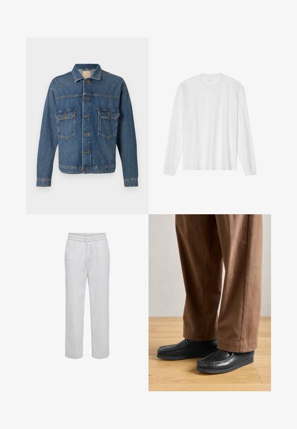 Veste en denim bleu avec fermeture à boutons, deux poches poitrine à bouton, et un col classique sur fond uni.; T-shirt blanc en coton à manches longues avec col rond, doté de poignets côtelés et d'un ourlet droit, texture lisse et design minimaliste.; Pantalon en lin blanc à cordon de serrage, taille élastique et poches latérales, coupe droite.; Chaussures en cuir noir au design mocassin avec des détails de couture, accompagnées de pantalons bruns, sur un sol en bois.