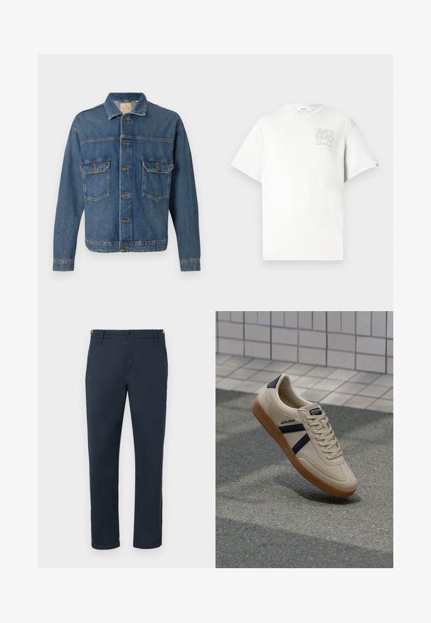 Blauwe denimjack met knopen aan de voorkant, twee met knopen afgewerkte borstzakken en een klassieke kraag op een effen achtergrond.; Witte katoenen t-shirt met korte mouwen, voorzien van een grijs bedrukt logo op de linker borst. Ronde hals, losse pasvorm en minimale accenten.; Marineblauwe katoenen broek met een rechte pasvorm, zijzakken, knoopsluiting en riemlussen. Glad textuur zonder zichtbare patronen.; Beige sneaker met een textuurafwerking, marineblauwe strepen en een rubberen zool. Heeft een gevoerde tong en een traditioneel vetersysteem voor een veilige pasvorm.