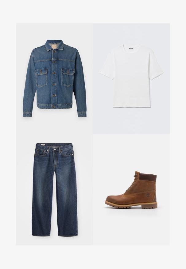 Blauwe denimjack met knopen aan de voorkant, twee met knopen afgewerkte borstzakken en een klassieke kraag op een effen achtergrond.; Effen witte T-shirt met korte mouwen en ronde hals, met een klein "WEEKDAY" label aan de binnenkant van de achterkraag, weergegeven op een vlakke ondergrond.; Donkerblauwe spijkerbroek met een rechte pijp, vijf zakken, metalen knoop en rits, en subtiele wassingpatronen.; Bruine leren wandelschoen met een gladde afwerking, gevoerde enkel, metalen oogjes en een rubberen zool met een robuust profiel.