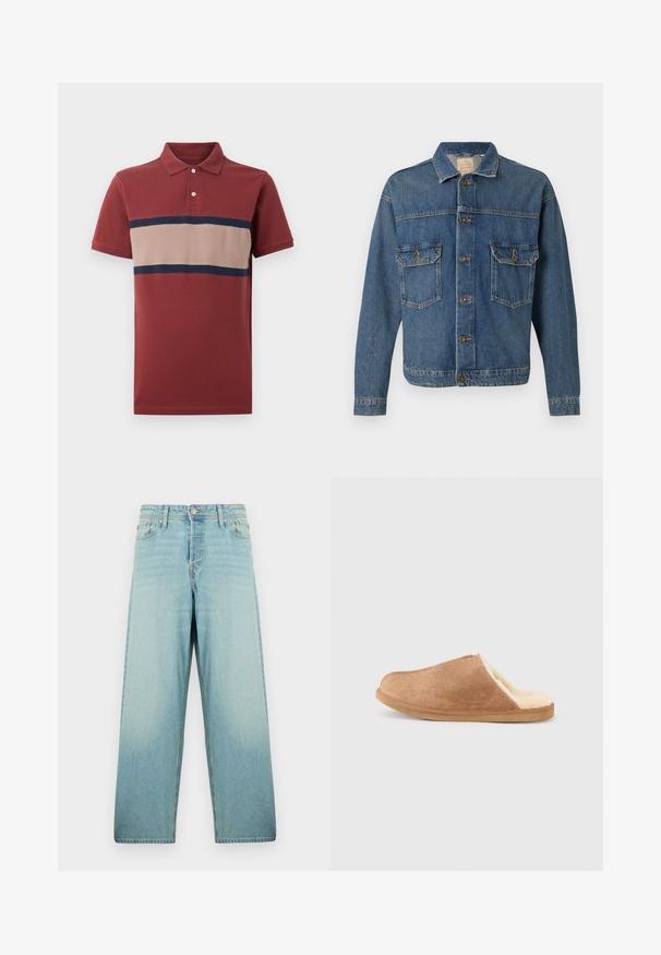 Blå denimjakke med knapfront, to knaplukningsbrystlommer og en klassisk krave på en ensfarvet baggrund.; Kortærmet poloshirt i teglrød med beige vandret stribe kantet af marineblå på tværs af brystet, to-knaps placket og ribkantet krave.; Lyseblå wide-leg jeans lavet af denim med en falmet vask. Har en frontknaplukning og fem lomme-design.; Brun ruskind slip-on hjemmesko med cremefarvet blødt fleecefor og gummisål, vist i sideprofil på hvid baggrund.