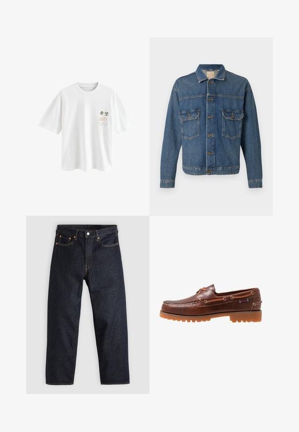 Veste en denim bleu avec fermeture à boutons, deux poches poitrine à bouton, et un col classique sur fond uni.; Next T-SHIRT - T-shirt imprimé - white japan; Jean en denim bleu foncé avec une coupe droite, cinq poches, des coutures orange contrastantes et une fermeture à boutons. Pas de motifs ou d'ornements visibles.; Chaussure bateau en cuir marron avec semelle en caoutchouc, trous de lacets, et une tige cousue, présentant un motif texturé en relief sur le bout.