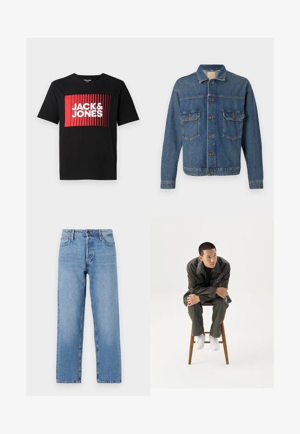 Blaue Jeansjacke mit Knopföffnung, zwei knopfverzierten Brusttaschen und klassischem Kragen auf einem einfarbigen Hintergrund.; Schwarzes T-Shirt mit kurzen Ärmeln, das ein rotes rechteckiges grafisches Design mit vertikalen Linien und dem Text "JACK & JONES" in Weiß zeigt.; Hellblaue Jeans aus Denim mit geradem Bein, ausgestattet mit einem Knopf- und Reißverschluss, fünf Taschen und dezentem Ausbleichen.; Junger Mann in dunkler Lederjacke und Jeans sitzt auf einem Holzstuhl, lehnt sich mit verschränkten Armen nach vorne und schaut seitlich vor weißem Hintergrund.