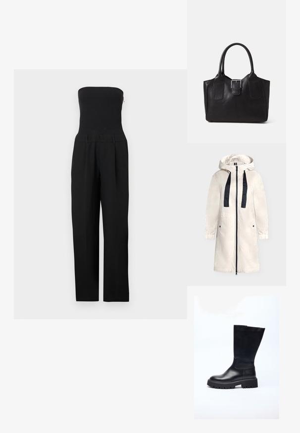 Lange witte jas met capuchon, zwarte rits en zwarte koordjes, elastische manchetten en zijzakken met drukknopen.; Zwarte strapless jumpsuit met nauwsluitend lijfje en wijde pijpen, gepresenteerd op een witte achtergrond.; Zwarte leren kniehoge laars met een chunky zool, ontworpen met een gladde textuur, ronde neus en minimalistisch silhouet.; Zwarte leren handtas met dubbele handvatten en centrale zilveren gesp, gestructureerde rechthoekige vorm, gladde textuur, op een neutrale achtergrond.