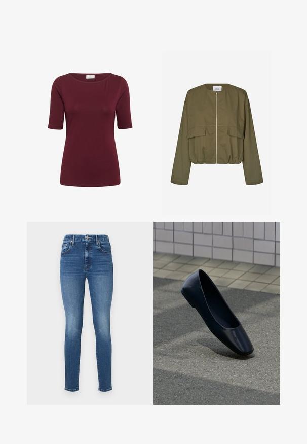 Veste olive coupée, en tissu léger. Dotée d'une fermeture éclair frontale, de deux poches poitrine et d'un ourlet élastiqué.; Kaffe KAYOKO BOATNECK - T-shirt basique - zinfandel; Jean skinny bleu taille haute en denim, avec une légère décoloration, un design à cinq poches et une fermeture par bouton en laiton à la taille.; Chaussure plate en cuir noir debout sur une surface asphaltée près du bord d'un trottoir carrelé.