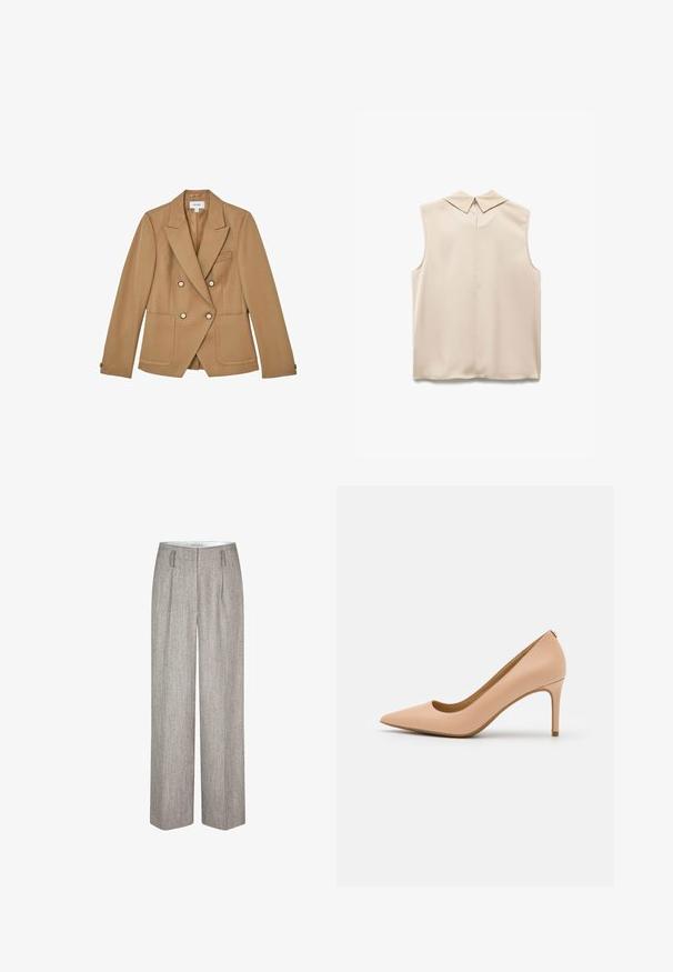 Braune zweireihige Blazerjacke mit eingerissenen Revers, zwei Vordertaschen und goldfarbenen Knöpfen. Strukturierter Stoff mit tailliertem Schnitt.; Beige ärmellose Bluse mit spitzem Kragen, glattem Stoff und Schlitzöffnung auf der Rückseite. Minimalistisches Design und taillierte Form.; Second Female JUN - Stoffhose - trench coat; Nude Leder-Pumps mit hohen Absätzen und spitzem Zehenbereich, glatte Textur und schlanker Absatz. Minimalistisches Design mit tief ausgeschnittenem Vorderfuß.