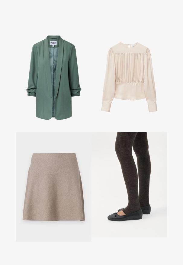 Lysegrøn skræddersyet blazer med sjalskrave, lange ærmer, åben front og let rynkning ved manchetterne.; Beige langærmet bluse med rynket forstykke, rund halsudskæring, knaplukning bagpå og brede manchetter.; En beige, flagrende nederdel lavet af blødt stof med en glat tekstur og en ren kant. Enkel design uden synlige mønstre eller udsmykninger.; Ben iført mørke ribbede leggings kombineret med sorte balletsko med små sløjfedetaljer på hvid baggrund.