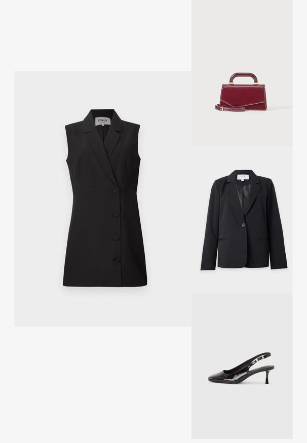 Blazer negro de un solo botón con solapas con muesca, mangas largas y bolsillos delanteros ribeteados, mostrado sobre un fondo claro y liso.; Vestido negro sin mangas con un cuello estructurado, escote en V y cinco botones frontales, que presenta una silueta ajustada y una textura de tela suave.; Zapato slingback de charol negro con punta afilada, hebilla plateada y tacón bajo tipo kitten sobre un fondo liso y claro.; Pequeño bolso burdeos brillante con asa superior y correa de hombro desmontable, exhibido sobre un fondo claro y liso.