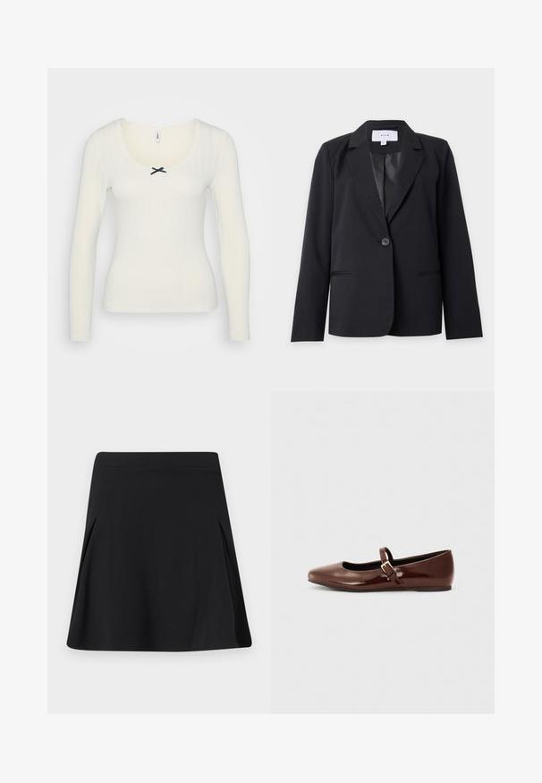 Zwarte blazer met één knoop, inkeping revers, lange mouwen en voorzakken met bies, getoond op een effen lichte achtergrond.; Witte lange mouwen top met ribbelstructuur, scoop hals, kantafwerking en een zwarte strikaccent in het midden voor. Gemaakt van een katoenmix.; Zwarte A-lijn rok met lichte plooien aan de zijkanten, een geplooide tailleband en een gladde stoftextuur.; Bruine gepatineerde leren balletschoen met een vierkante neus en een bandje met een kleine gouden gesp. Gladde textuur, lage hak en minimalistisch ontwerp.