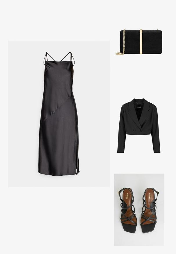 Sort cropped blazer lavet af glat stof. Har en dobbeltradet front med to sorte knapper og skarpe revers. Lange ærmer inkluderet.; Sort satin kjole med tynde justerbare stropper, en glat tekstur, skrå sømme og en sideslids for ekstra detalje.; Sorte hælede sandaler med flere smalle stropper, firkantet tå, brune indersåler og en guldbeslag detalje på ankelstroppen.; Sort ruskind clutchtaske med en glat rektangulær form, med en guldfarvet metalaccent og en kædestrop.
