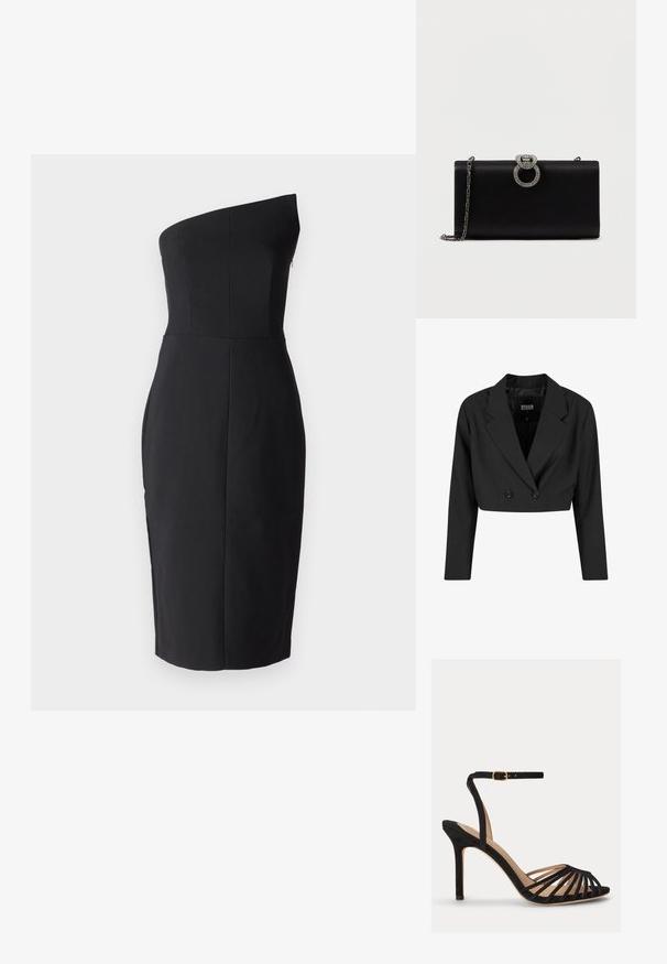 Blazer noir court en tissu lisse. Dispose d'un devant double boutonnage avec deux boutons noirs et des revers accrocheurs. Manches longues incluses.; Robe noire ajustée avec un design asymétrique sur une épaule. Fabriquée en tissu lisse, elle présente un corsage structuré et une jupe arrivant au genou. Sans fermetures visibles.; Sandale à talon haut noire avec bout ouvert, plusieurs fines lanières à l'avant, et une bride de cheville réglable avec une boucle dorée.; Pochette en satin noir avec une fermeture circulaire en métal argenté ornée de strass, dotée d'une chaîne amovible.