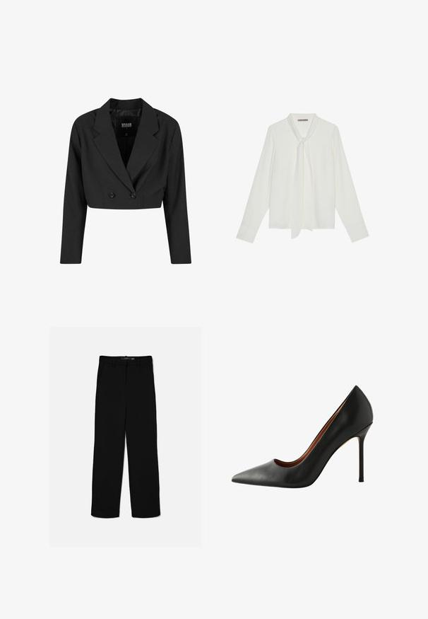 Sort cropped blazer lavet af glat stof. Har en dobbeltradet front med to sorte knapper og skarpe revers. Lange ærmer inkluderet.; Hvid bluse med lange ærmer lavet af glat stof, med en bindebånd ved halsen og skræddersyede manchetter. Enkel, klassisk design uden mønstre.; Sorte bukser med lige ben, bæltestropper, lynlås foran og sidelommer, lagt fladt på en lys baggrund.; Sort læder højhælede pumps med spids tå og glat overflade. Har en slank stiletto-hæl og en lav skæring langs siderne.