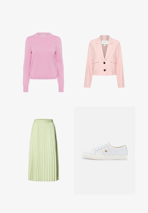 Skasovaný ružový blazer vyrobený z ľahkého materiálu, s výstrihom do "V", sošívanými prednými vreckami a zapínaním na jeden gombík.; Svetloružový pletený sveter s okrúhlym výstrihom, dlhými rukávmi a rebrovanými manžetami a spodným okrajom. Má hladkú textúru a klasický strih.; Svetlozelená plisovaná midi sukňa s priliehavým pásom a rovnomerne rozmiestnenými vertikálnymi záhybmi.; Lauren Ralph Lauren JANSON II ACTION LEATHER SNEAKER - Tenisky - real white