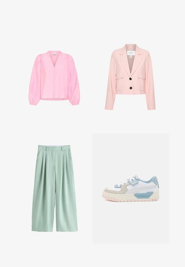 Cropped roze blazer van lichtgewicht stof, met een notch-revers, twee voorzakken en een enkele knoopsluiting.; Roze blouse met lange, uitlopende mouwen en een V-hals. Gemaakt van lichtgewicht stof met een gladde textuur en een ontspannen pasvorm.; Lichtgroene wijde broek met een hoge taille, voorplooien, riemlussen en zijzakken, getoond tegen een witte achtergrond.; Sneakers met een witte leren bovenkant, lichtblauwe accenten, beige suède panelen en een gestructureerde roze rubberen zool; geborduurd logo aan de zijkant.