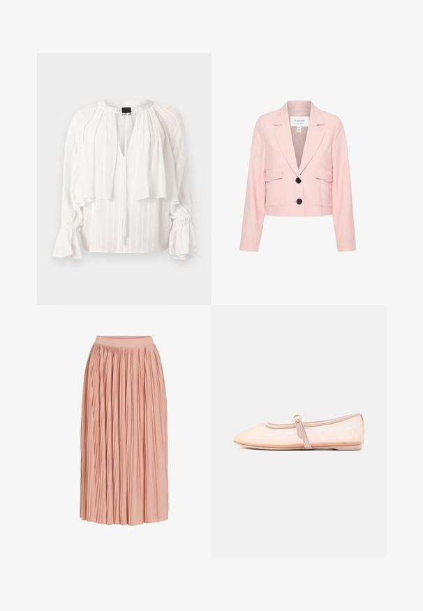 Skasovaný ružový blazer vyrobený z ľahkého materiálu, s výstrihom do "V", sošívanými prednými vreckami a zapínaním na jeden gombík.; Biela blúzka s plisovaným dizajnom, V-výrezom a vrstveným predným dielom. Má dlhé, vypukané rukávy so zberanými manžetami a detailom na viazaní s strapcami.; Svetloružová plisovaná midi sukňa so širokým pásom, vyrobená z ľahkej tkaniny, zobrazená na bielom pozadí.; Svetlobéžová balerínka s ostrou špičkou a jedným bočným remienkom so sponou, zobrazená na jednoduchom bielom pozadí.