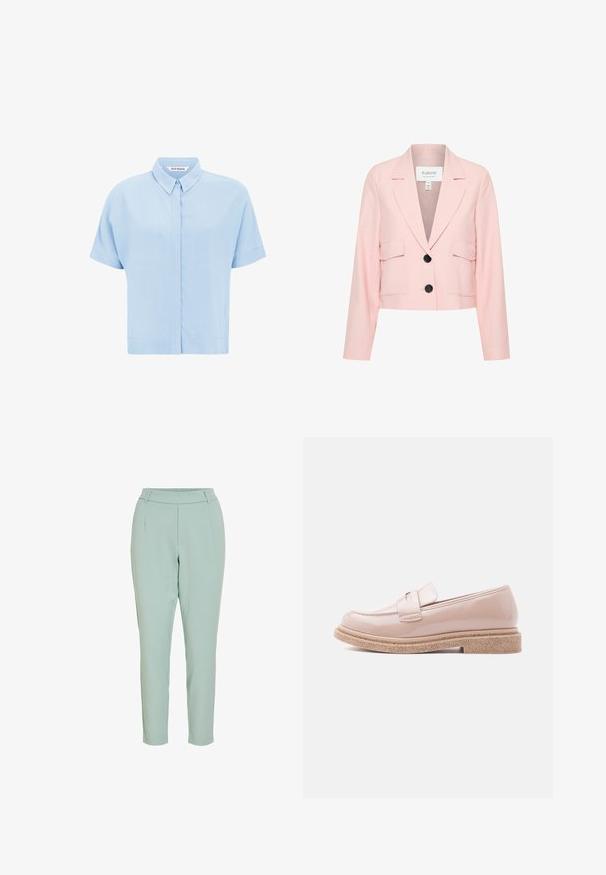 Cropped roze blazer van lichtgewicht stof, met een notch-revers, twee voorzakken en een enkele knoopsluiting.; Lichtblauwe, korte mouwen shirt van zacht stof, met een knoopsluiting aan de voorkant en een klassieke kraag. Soepele textuur en een relaxte pasvorm.; Lichtgroene taps toelopende broek met elastische tailleband en riemlussen, voorzien van zijzakken en voorplooien.; Glanzende lichtroze loafer met een gestructureerde beige zool en een bijpassende band over de wreef, weergegeven in zijaanzicht op een lichte achtergrond.