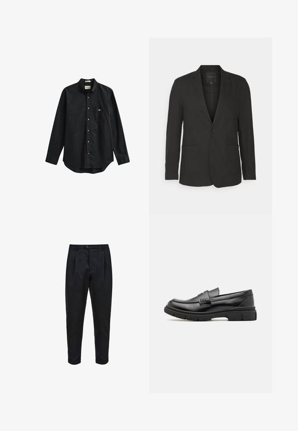 Brave Soul BEDFORD - Veste de costume - black; Chemise noire à manches longues avec boutons, col et poche poitrine comportant un petit logo brodé sur la poche.; Pantalons noirs en tissu lisse, avec un devant plissé, une coupe fuselée et des ourlets roulés. Fermeture par bouton simple à la taille.; Mocassin en cuir noir avec une large sangle sur le devant, semelle en caoutchouc à épaisse rainure, et texture lisse. Design classique et élégant.