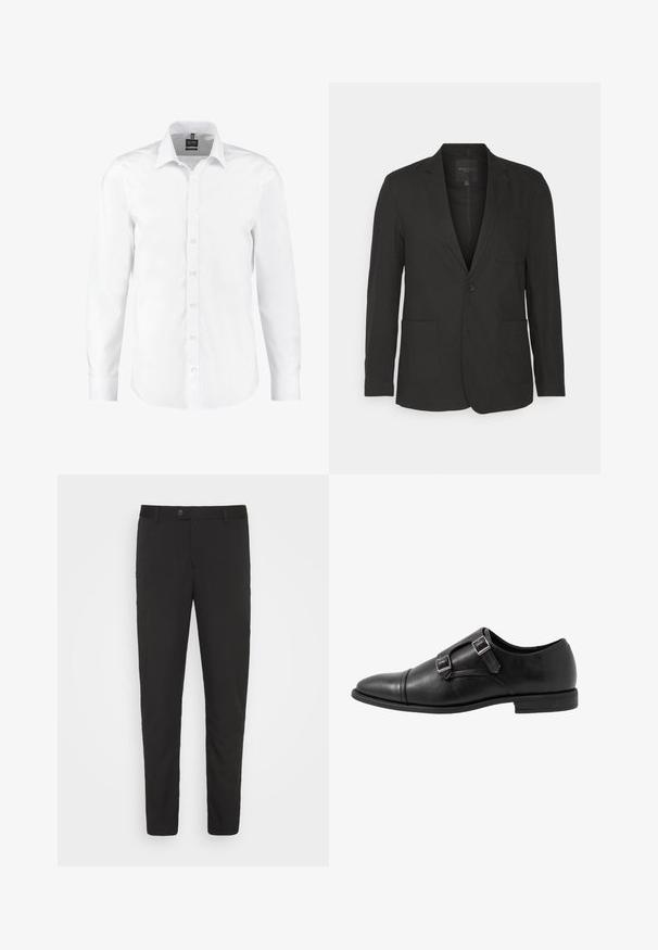 Brave Soul BEDFORD - Veste de costume - black; Chemise blanche à manches longues en tissu lisse, dotée d'un col classique, d'une fermeture à boutons sur le devant et de poignets avec un seul bouton. Sans motifs ni accents.; Pantalons noirs taillés avec une coupe droite, poches avant et fermeture à bouton. Fabriqués en tissu lisse avec un léger éclat.; Chaussure monk strap en cuir noir avec deux boucles en argent, design à bout capteur, bout rond et semelle en caoutchouc de profil bas. Texture lisse, silhouette élégante.