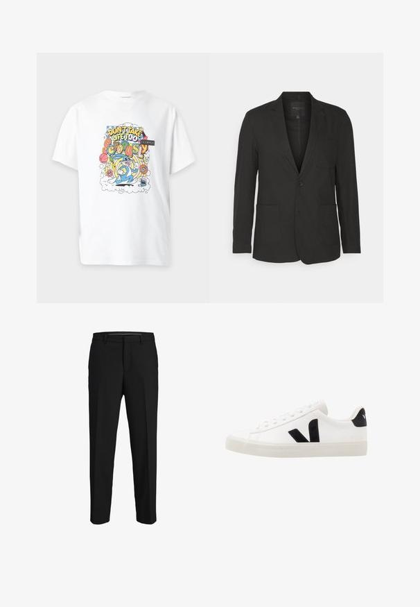 Brave Soul BEDFORD - Veste de costume - black; T-shirt blanc avec un design cartoon coloré montrant Bugs Bunny et le texte « Don’t take life too seriously » entouré d’objets ludiques.; Pantalons noirs en tissu lisse, présentant une coupe droite, des passants de ceinture et un devant plat sans motifs ni embellissements visibles.; Sneaker blanche en cuir avec des accents en daim noir ; dispose d'une semelle en caoutchouc, d'un bout rond et d'un design classique à lacets. Logo latéral en noir.