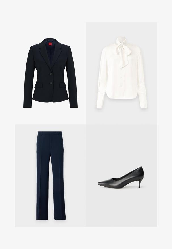 Marineblauer Blazer im taillierten Design mit Reverskragen, zwei Knöpfen und zwei Fronttaschen. Gefüttertes Innenfutter mit Logomuster.; Weißes Langarmbluse aus leichtem Stoff mit hohem Kragen und großem Schleifendetail am Hals, mit einer Knopfleiste vorne.; Marineblaue Hose aus glattem Stoff, mit einem geraden Bein-Design, Vorderfalten und Seitentaschen für einen maßgeschneiderten Look.; Schwarzer Leder-Pump mit spitz zulaufender Zehenpartie, niedrigem konischen Absatz, glatter Textur und einem flachen Ausschnitt im Obermaterial für Sichtbarkeit des Fußes.