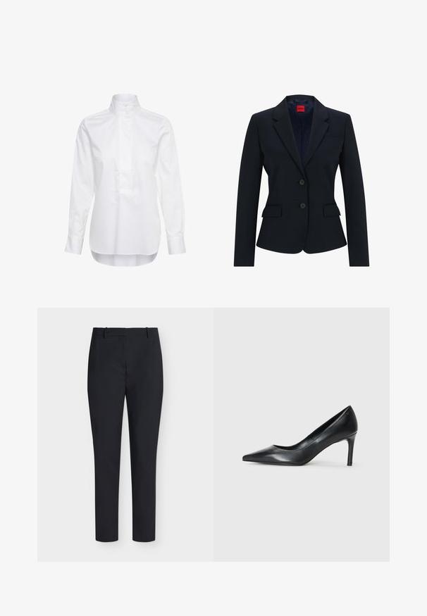 Blazer azul marino de diseño ajustado que presenta solapas con muesca, cierre de dos botones y dos bolsillos frontales. Interior forrado con un patrón de logotipo.; Camisa blanca de manga larga con cuello alto y dos botones, con una tapeta frontal y un dobladillo ligeramente curvado.; Pantalones negros ajustados a medida con presillas para cinturón y cierre frontal oculto, mostrados sobre un fondo blanco.; Zapato de tacón negro de cuero con punta afilada y un tacón delgado, textura suave y sin adornos visibles. Diseño limpio con una estética minimalista.
