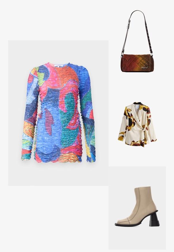 Cremefarvet blazer med store brune, sorte og gule blomsterprint, en reverskrave og et bindebælte i taljen, vist på hvid baggrund.; Multifarvet langærmet kjole med samlet tekstur. Har livlige mønstre i blå, rød, grøn og gul nuancer. Kant med bølger.; Beige læder ankelstøvle med firkantet tå, synlige sømme og chunky sort skulptureret blokhæl på hvid baggrund.; Rektangulær crossbody-taske med justerbar mørkebrun rem, der har vævet teksturstof i rød, orange og brun gradient med lille logo.