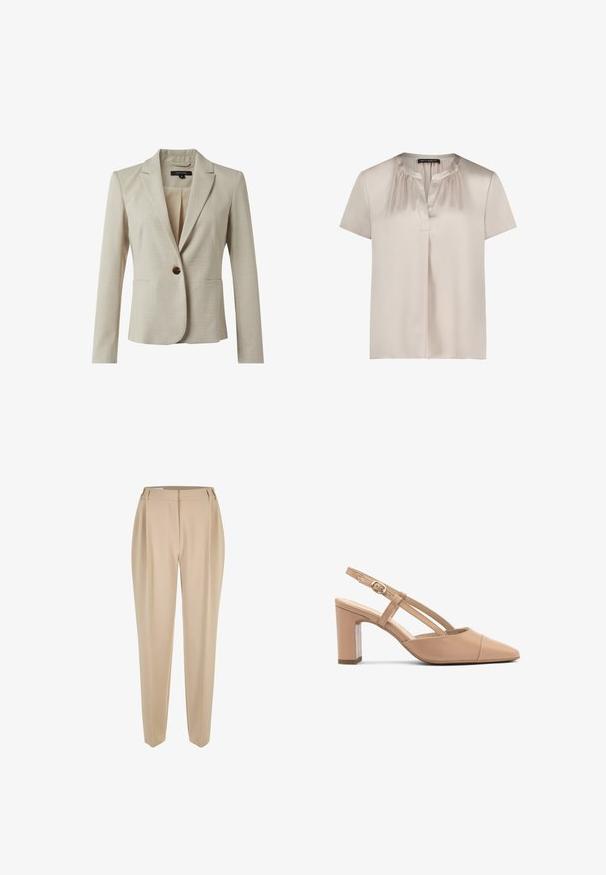 Beige blazer gemaakt van gestructureerde stof, met een enkele knoopsluiting, twee voorzakken en een gelapte kraag. Binnenvoering zichtbaar.; Beige satijnen blouse met korte mouwen, geplooide halslijn, V-vormige voorkant en losse pasvorm, met het label "Betty Barclay" op het kraaglabel.; Beige op maat gemaakte rechte broek met riemlussen, voorrits en zijzakken, gepresenteerd op een witte achtergrond.; Beige leren slingback hakken met een spitse neus, blokhak en riem met een kleine gouden gesp. Gladde textuur, minimalistisch ontwerp.