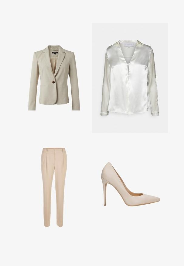 Beige blazer gemaakt van gestructureerde stof, met een enkele knoopsluiting, twee voorzakken en een gelapte kraag. Binnenvoering zichtbaar.; STUDIO ID ALYSSA - Blouse - champagne; Beige op maat gemaakte slim-fit broeken met een voorplooi, riemlussen en een schone tailleband, tentoongesteld tegen een witte achtergrond.; Beige leren pumps met hoge hak, een spitse neus, een gladde textuur en een slanke stilettohak. Minimalistisch ontwerp zonder extra versieringen.