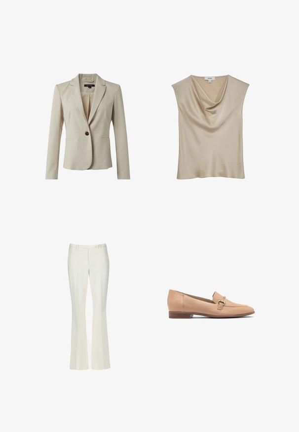 Blazer beige en tissu texturé, avec une fermeture à bouton unique, deux poches avant et un design à revers. Doublure intérieure visible.; Blouse sans manches en satin beige avec décolleté drapé, étiquetée "REISS", présentée sur fond blanc.; Pantalons évasés blancs en tissu lisse. Comprend deux poches avant et une fermeture à un bouton à l'avant, avec des détails de pin-tuck subtils.; Mocassins en cuir beige avec un petit talon, présentant un design cousu et un petit accent en métal argenté sur le dessus. Texture lisse.