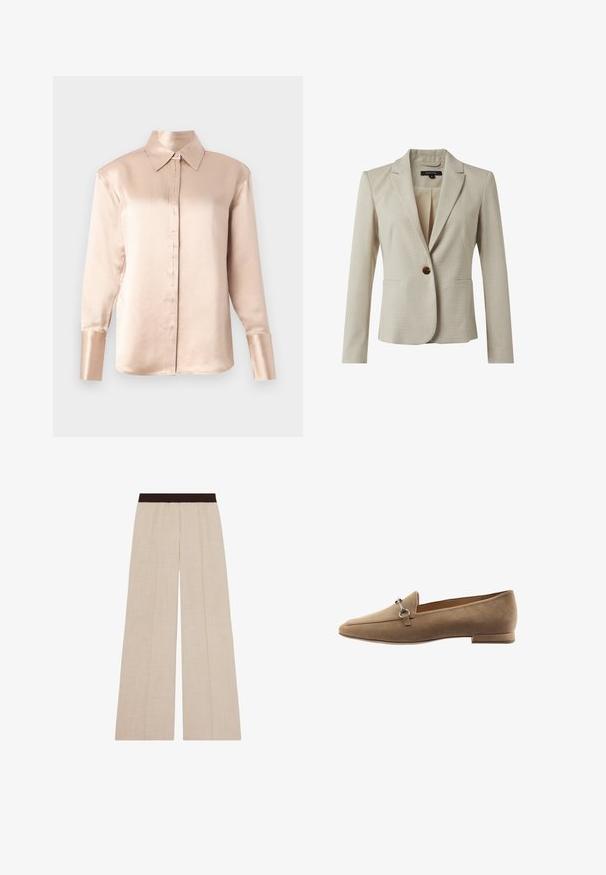 Blazer beige en tissu texturé, avec une fermeture à bouton unique, deux poches avant et un design à revers. Doublure intérieure visible.; Blouse en satin beige doux avec un col classique, des manches longues, un devant boutonné et une coupe légèrement oversize. Texture lisse, détails minimalistes.; Pantalon beige à jambes larges avec une ceinture élastique marron foncé, avec des détails subtils de coutures verticales.; Mocassins en daim beige avec un design effilé, dotés d'une petite accent en métal argenté et d'un petit talon. Texture lisse avec des coutures minimales.