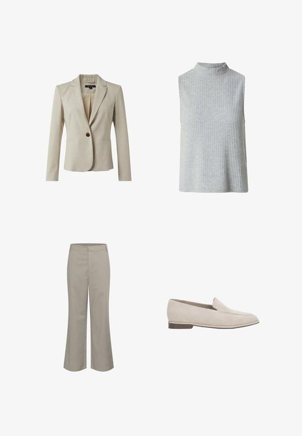 Blazer beige en tissu texturé, avec une fermeture à bouton unique, deux poches avant et un design à revers. Doublure intérieure visible.; Haut sans manches gris avec un col côtelé haut, fabriqué à partir d'un tissu doux présentant des côtes verticales subtiles sur l'ensemble du corps.; Pantalon beige droit cropped, fabriqué dans un tissu lisse. Comporte une poche avant et une finition de taille nette.; Mocassin beige en daim, à enfiler, avec un petit talon, un bout pointu et peu de surpiqûres sur le dessus.
