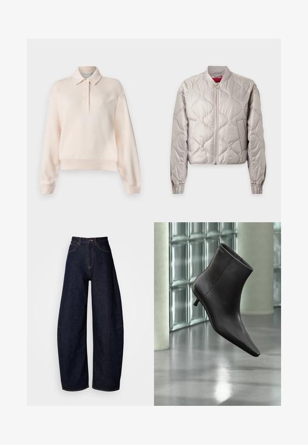 Veste bomber matelassée gris clair avec fermeture éclair à l'avant, poignets élastiques et col montant, présentée sur un fond uni.; Sweatshirt polo rose pâle avec un col, patte de boutonnage à trois boutons et logo de la marque en relief sur la poitrine. Tissu doux, coupe décontractée.; Jeans en denim bleu foncé à jambes larges, avec une taille haute, une coupe droite, un design à cinq poches et des coutures contrastées.; Bottine en cuir noir avec bout pointu et petit talon, présentée devant un mur en blocs de verre et un sol poli.