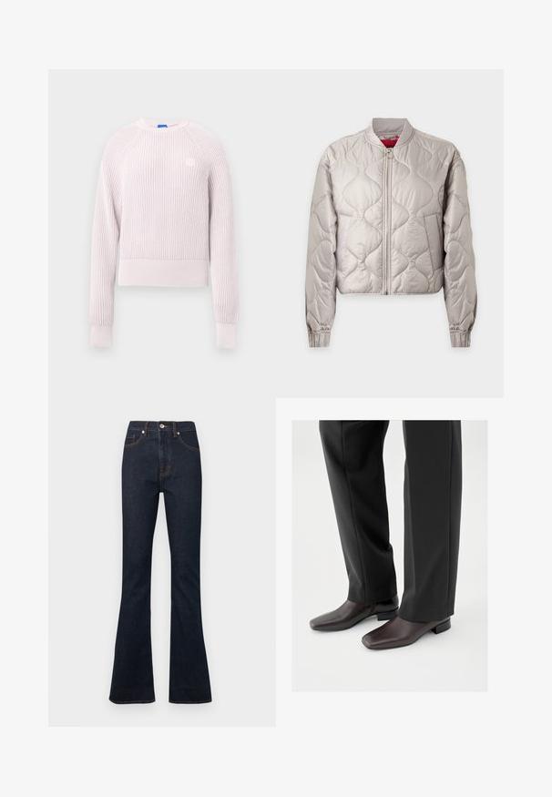 Veste bomber matelassée gris clair avec fermeture éclair à l'avant, poignets élastiques et col montant, présentée sur un fond uni.; Pull court rose clair avec texture côtelée, encolure ronde et manches longues. Présente un petit logo sur la poitrine.; Jean flare en denim bleu foncé avec une taille haute, comprenant des coutures orange, une poche avant et une fermeture à un bouton à la taille.; Chaussures en cuir marron foncé avec un bout carré et un petit talon bloc, portées avec un pantalon noir sur mesure, affichant une apparence élégante et polie.