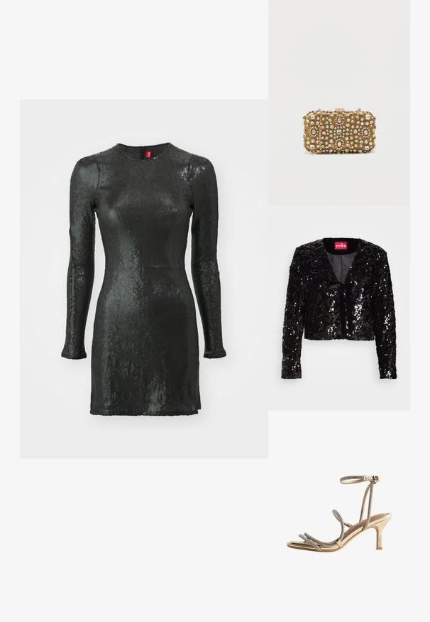Schwarze, glitzernde, kurze Jacke mit langen Ärmeln, V-Ausschnitt, weichem Material und einer vorderen Bindeschleife. Futter ohne zusätzliche Muster.; Schwarzes, paillettenbesetztes Kleid mit langen Ärmeln, rundem Ausschnitt, körperbetontem Schnitt und einem Reißverschluss auf der Rückseite. Hat eine glatte Textur und einen glänzenden Finish.; Goldene High-Heels-Sandalen mit dünnen, mit Strass verzierten Riemen um die Zehen und Knöchel sowie einem kleinen Schnallenverschluss.; Goldene Clutch mit aufwendigen Perlen- und Strassverzierungen. Rechteckige Form, Schnappverschluss und abnehmbarer Kettenriemen.