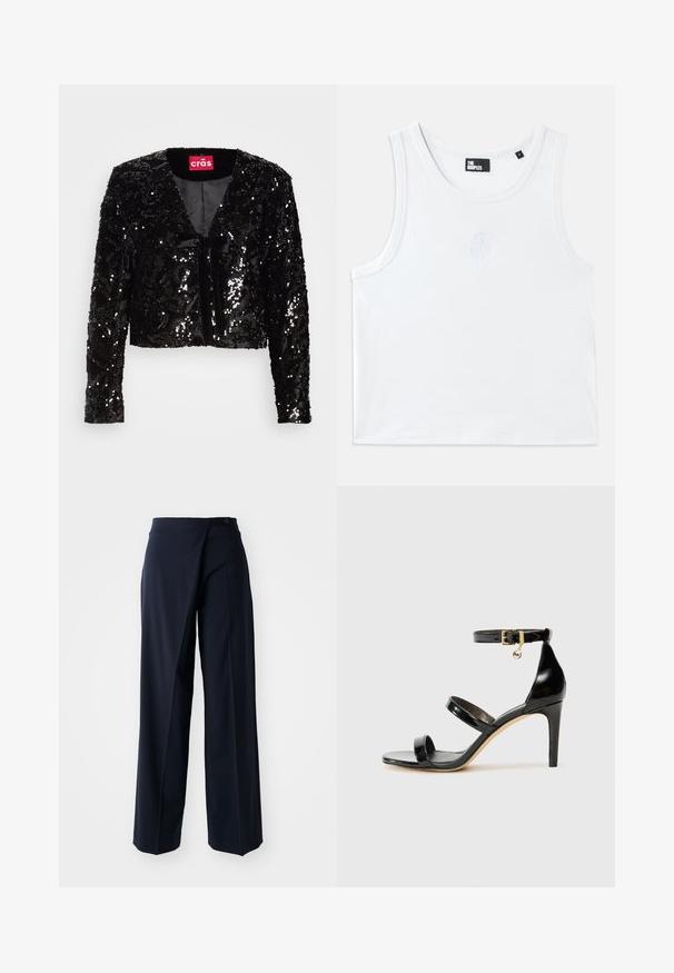 Sort sequined cropped jakke med lange ærmer, der har en V-udskæring, blød tekstur og en frontbinding detalje. Foret indre uden yderligere mønstre.; Hvid tanktop lavet af bomuld, med rund halsudskæring, ærmehulder og et lille præget logo i midten foran. Glat tekstur.; Mørkeblå brede bukser med en omslagdesign, glat stof, høj talje og en enkelt knaplukning foran.; Sorte patenterede lædersandaler med tre stropper, ankelspænde og 10 cm stiletthæl. Har detaljer i guld og et logo charms.